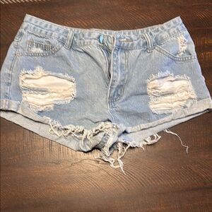 SHEIN Blue Distressed Jean Shorts with Frayed Edges